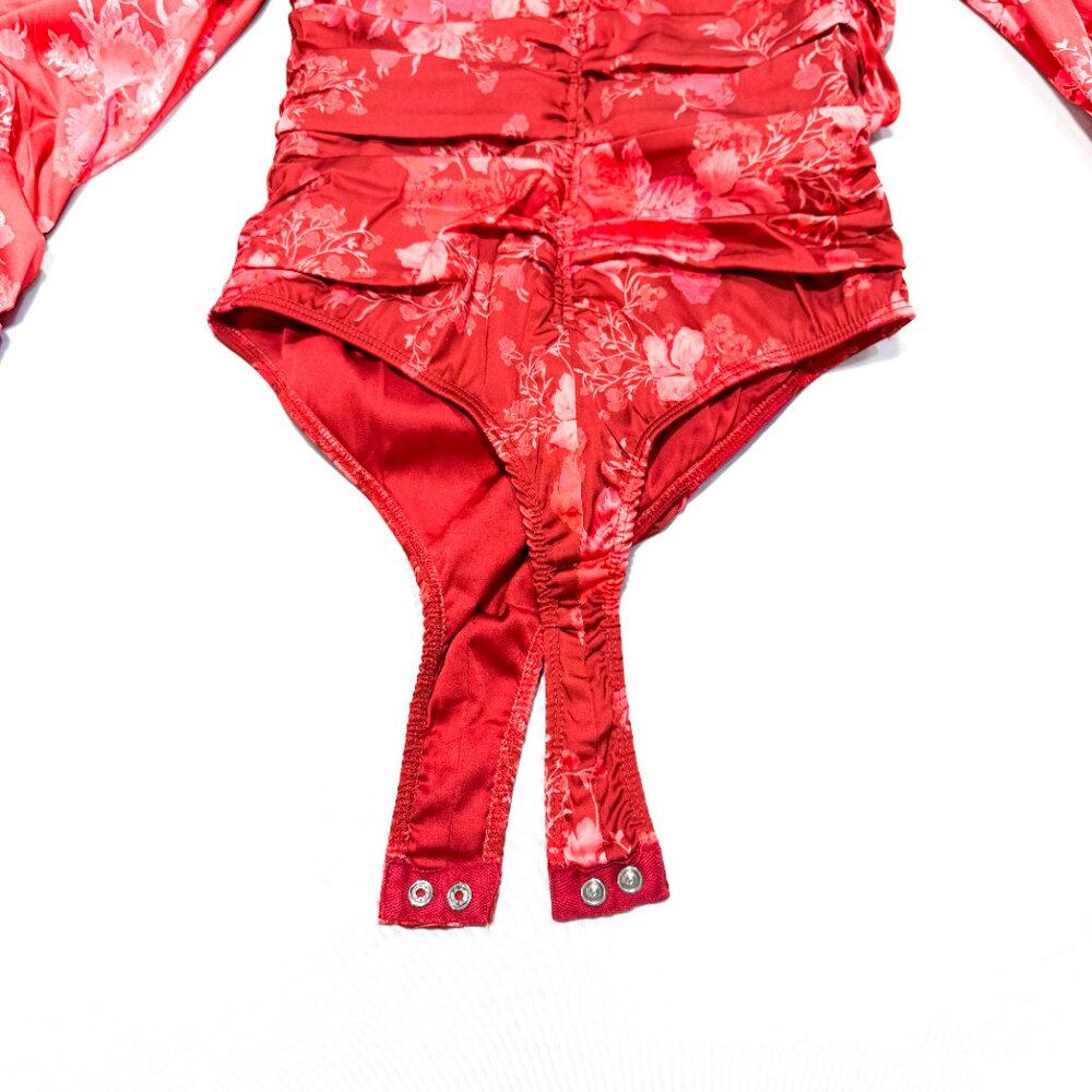 NWT For Love & Lemons Monet Bodysuit Red Floral Puff Sleeves Women's Size XS - Picture 9 of 14